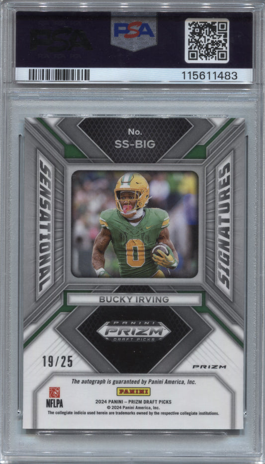 2024 Prizm Draft Bucky Irving Sensational Green Pulsar /25 Rookie Auto PSA 10