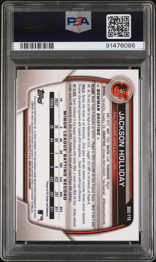 Graded 2023 Topps Bowman Draft Jackson Holliday #BDC118 Chrome Purple #/250 Rookie RC Baseball Card PSA 10 Gem Mint
