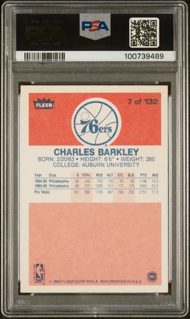 Graded 1986 Fleer Charles Barkley #7 Rookie RC Basketball Card PSA 3 VG