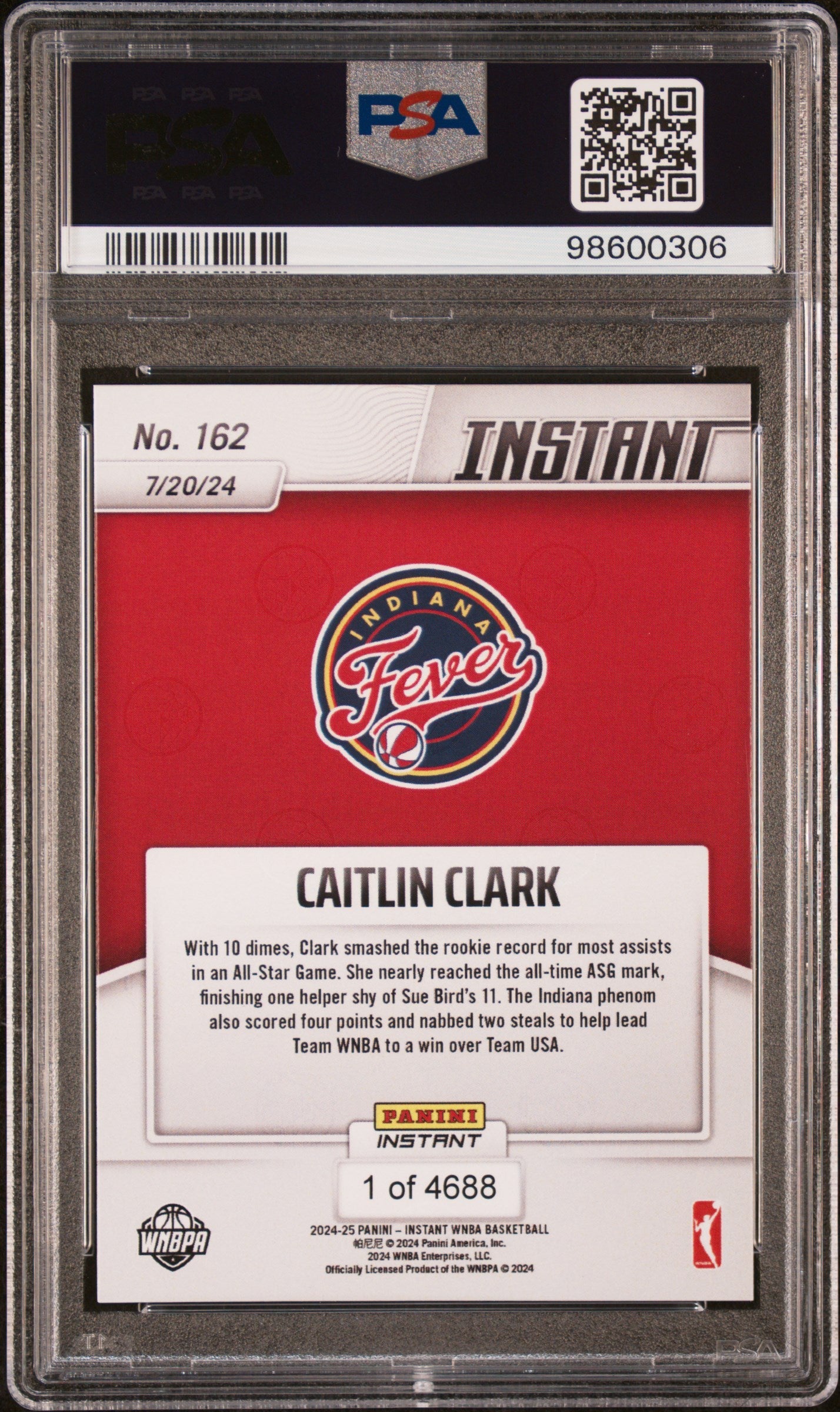 Graded 2024 Panini Instant WNBA Caitlin Clark #162 Rookie RC Basketball Card PSA 9 Mint
