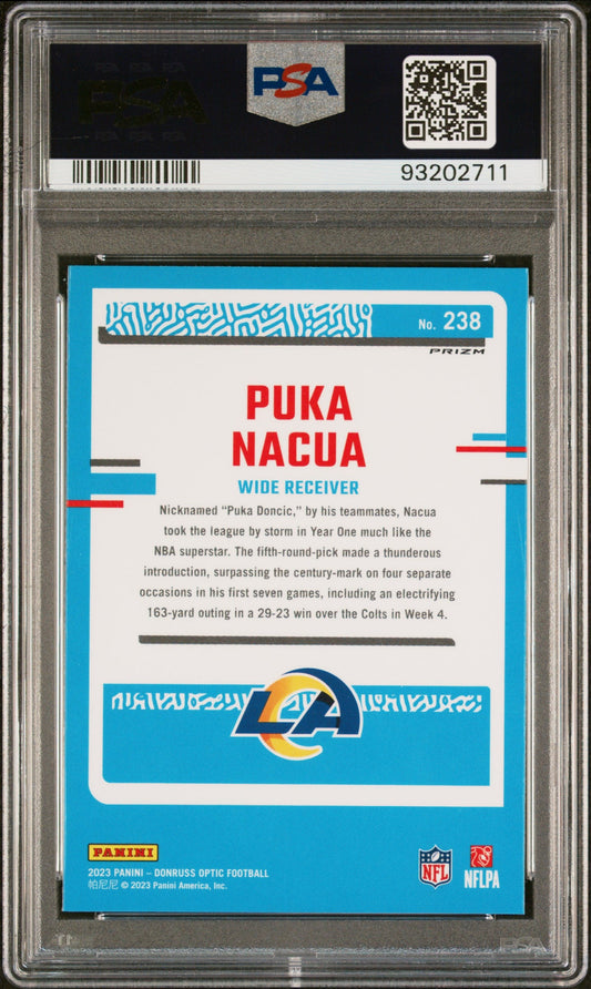 Graded 2023 Panini Donruss Optic Puka Nacua #238 Purple Shock Rookie RC Football Card PSA 10 Gem Mint