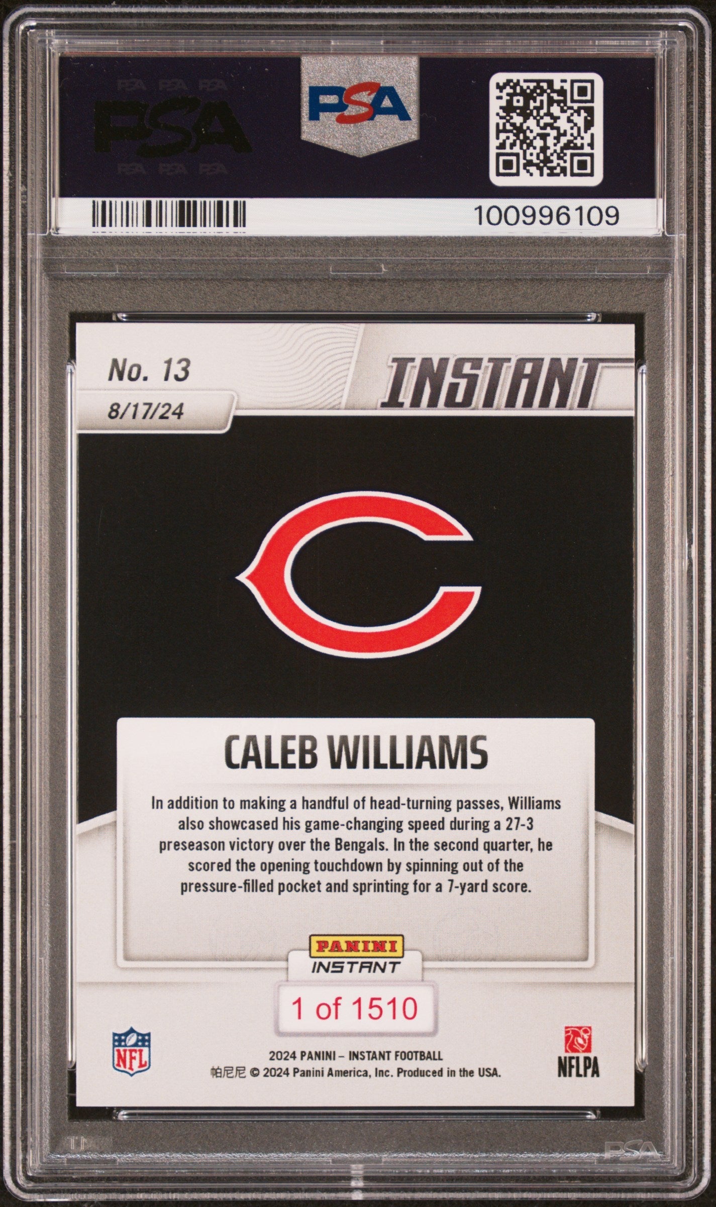 Graded 2024 Panini Instant NFL Caleb Williams #13 Rookie RC Football Card PSA 10 Gem Mint