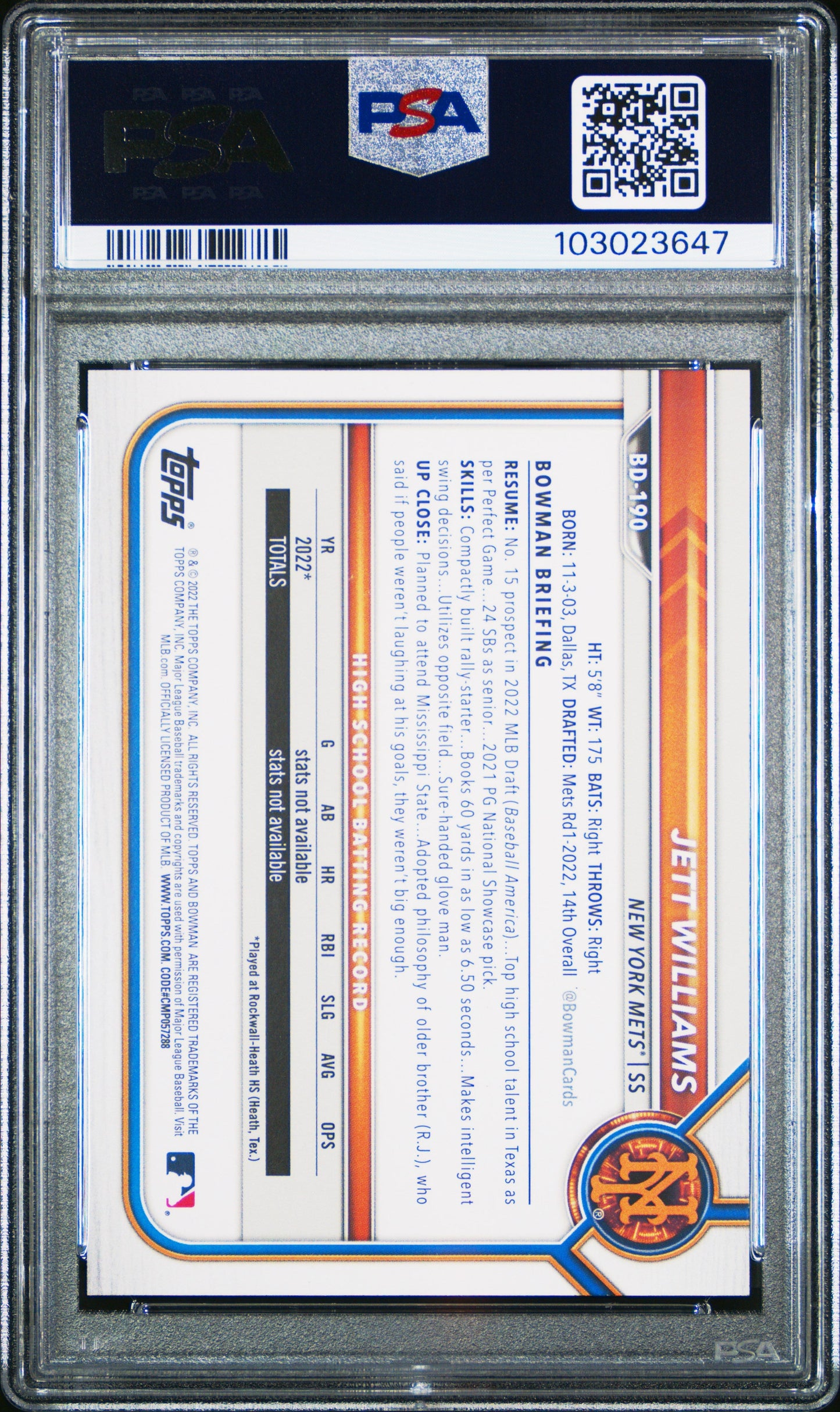 Graded 2022 Topps Bowman Draft Jett Williams #BD190 Rookie RC Baseball Card PSA 10 Gem Mint