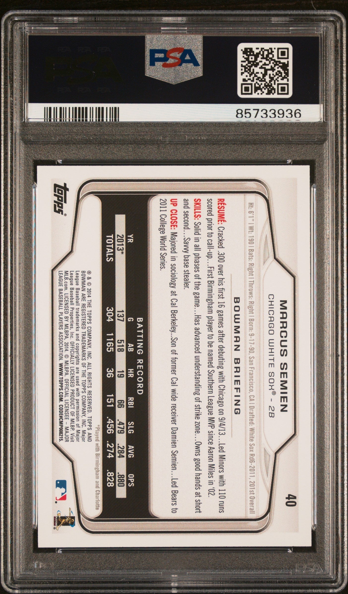 Graded 2014 Topps Bowman Marcus Semien #40 Rookie RC Baseball Card PSA 10 Gem Mint