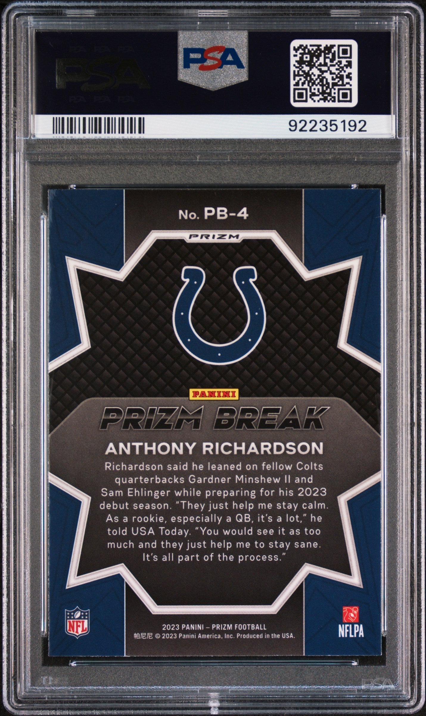 Graded 2023 Panini Prizm Anthony Richardson #PB4 Prizm Break Green Rookie RC Football Card PSA 10 Gem Mint