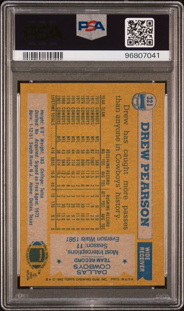 Graded 1982 Topps Drew Pearson #321 Football Card PSA 9 Mint