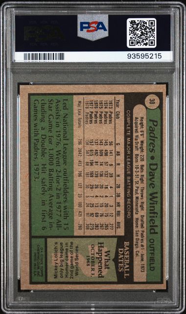 Graded 1979 Topps Dave Winfield #30 Baseball Card PSA 7 Near Mint