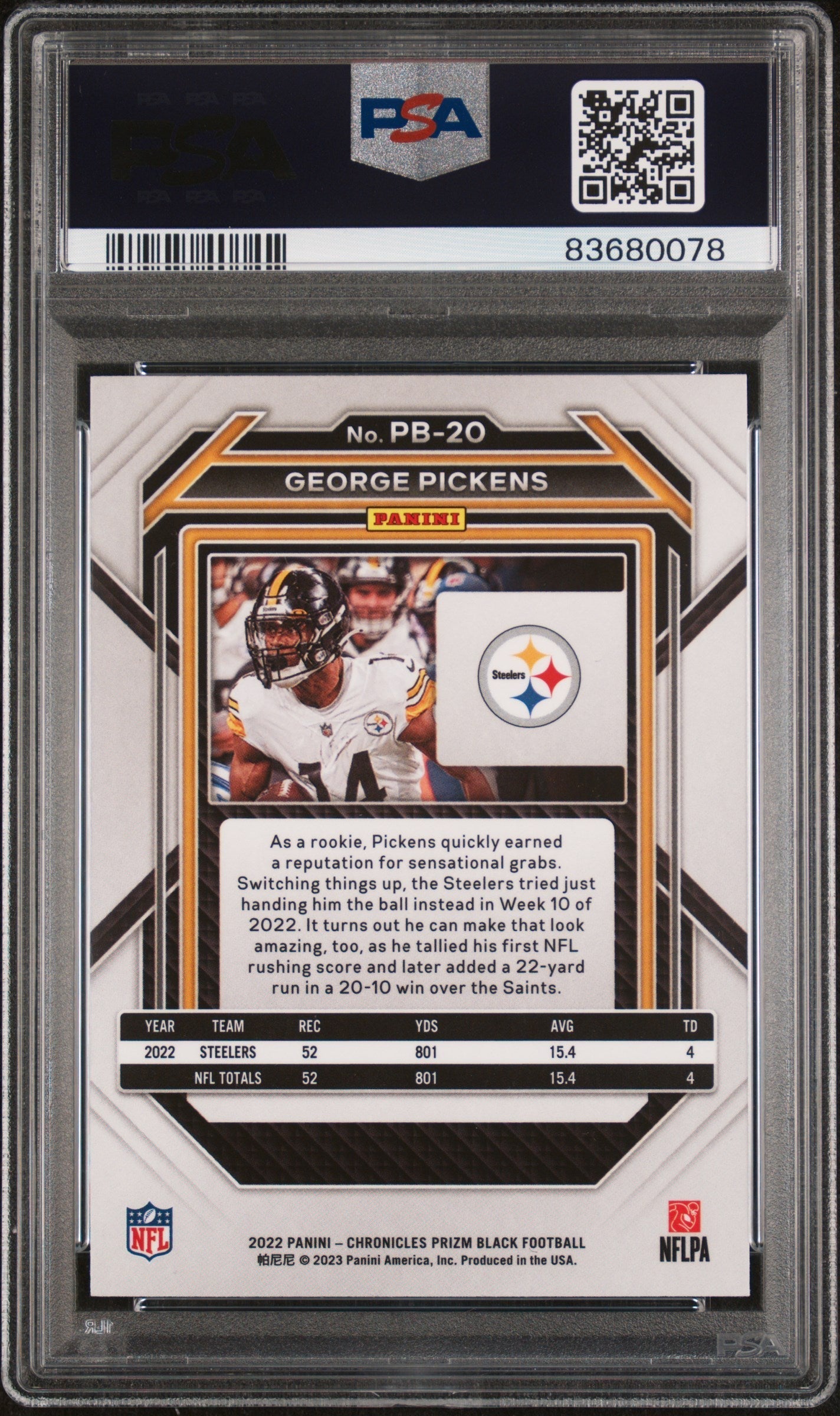Graded 2022 Panini Chronicles George Pickens #PB20 Prizm Black Rookie RC Football Card PSA 10 Gem Mint