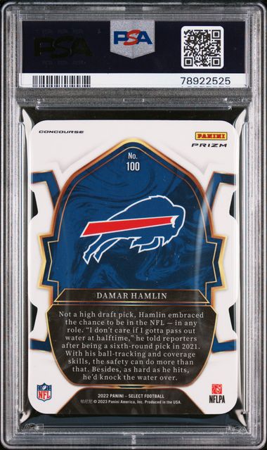 Graded 2022 Panini Select Damar Hamlin #100 Die-Cut Green/Yellow Prizm Rookie RC Football Card PSA 10 Gem Mint