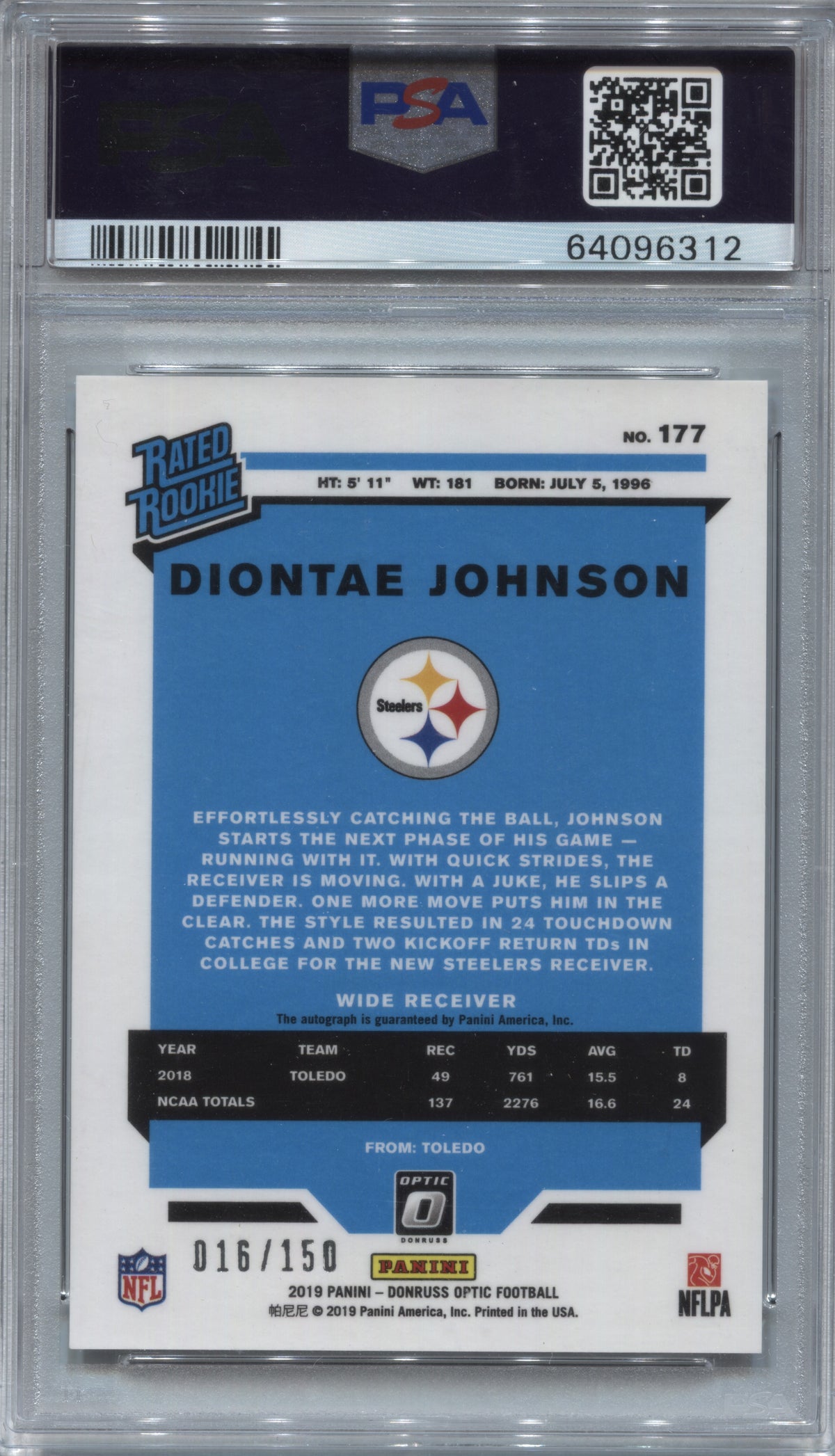 2019 Donruss Optic Diontae Johnson Rated Rookie Auto /150 PSA 10 Steelers