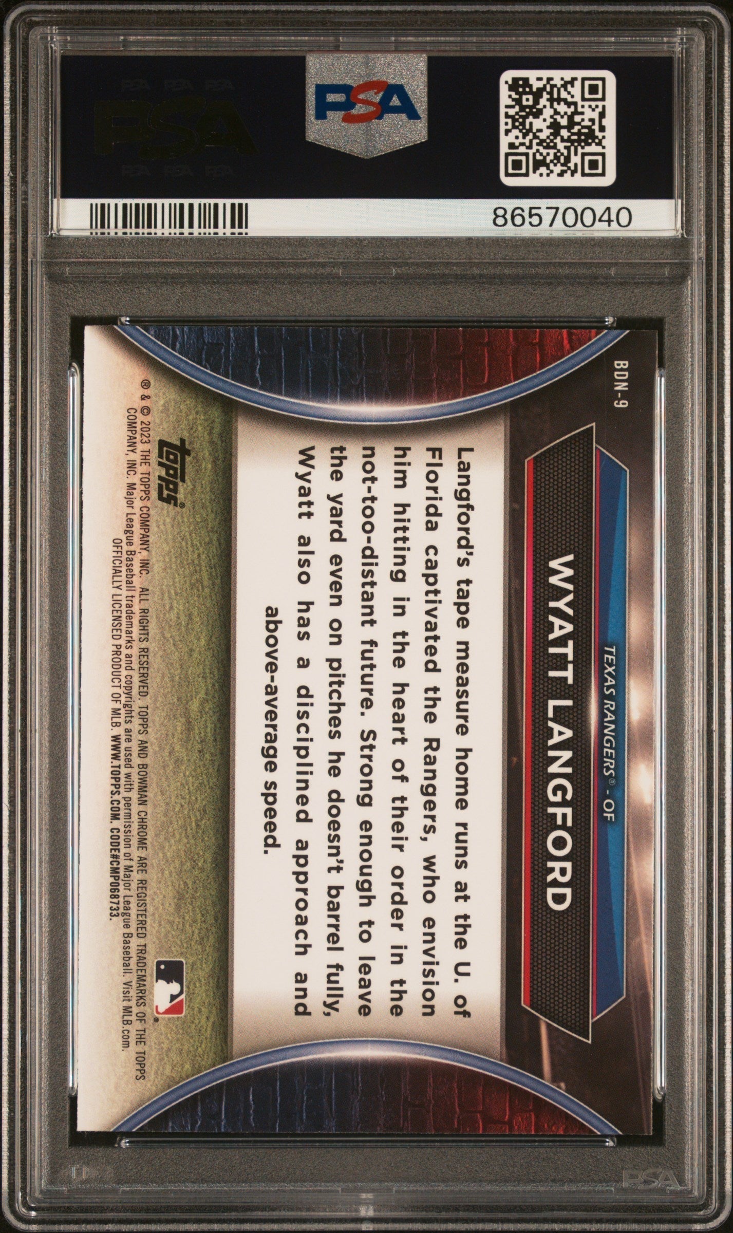 Graded 2023 Topps Bowman Draft Wyatt Langford #BDN9 Draft Night Rookie RC Baseball Card PSA 10 Gem Mint
