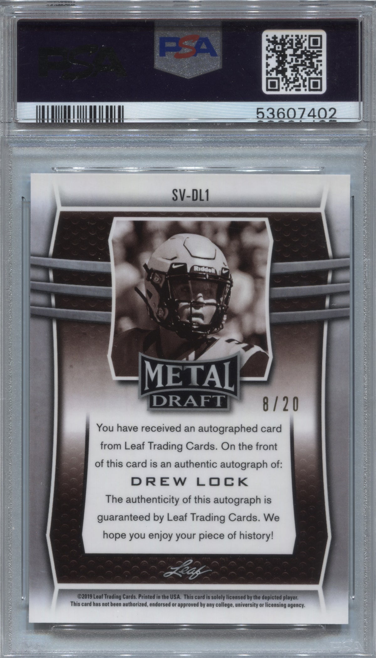 2019 Leaf Metal Draft Drew Lock Sepia Blue Wave Rookie Auto /20 #SV-DL1 PSA 10