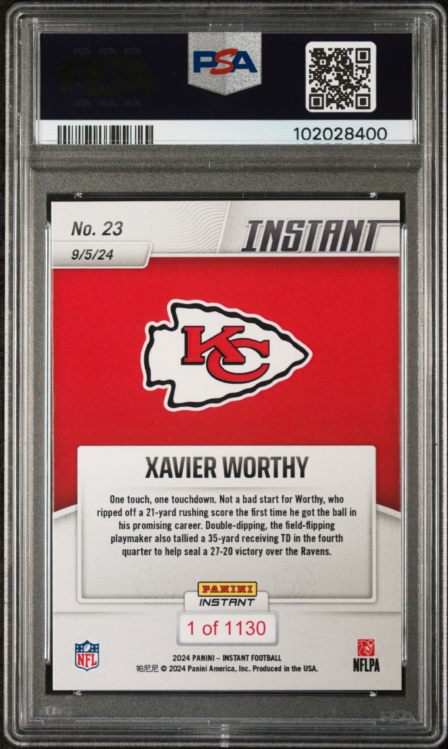 Graded 2024 Panini Instant NFL Xavier Worthy #23 Rookie RC Football Card PSA 10 Gem Mint