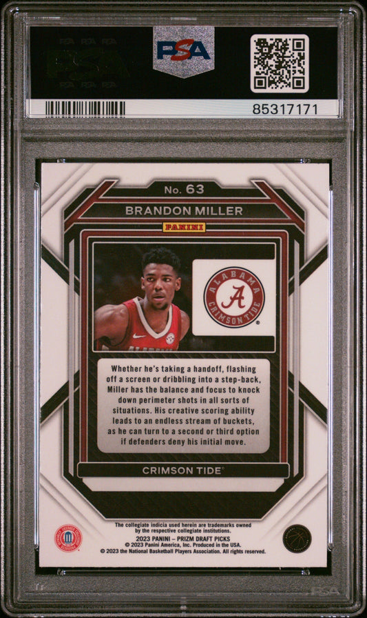 Graded 2023 Panini Prizm Draft Picks Brandon Miller #63 Rookie RC Basketball Card PSA 10 Gem Mint