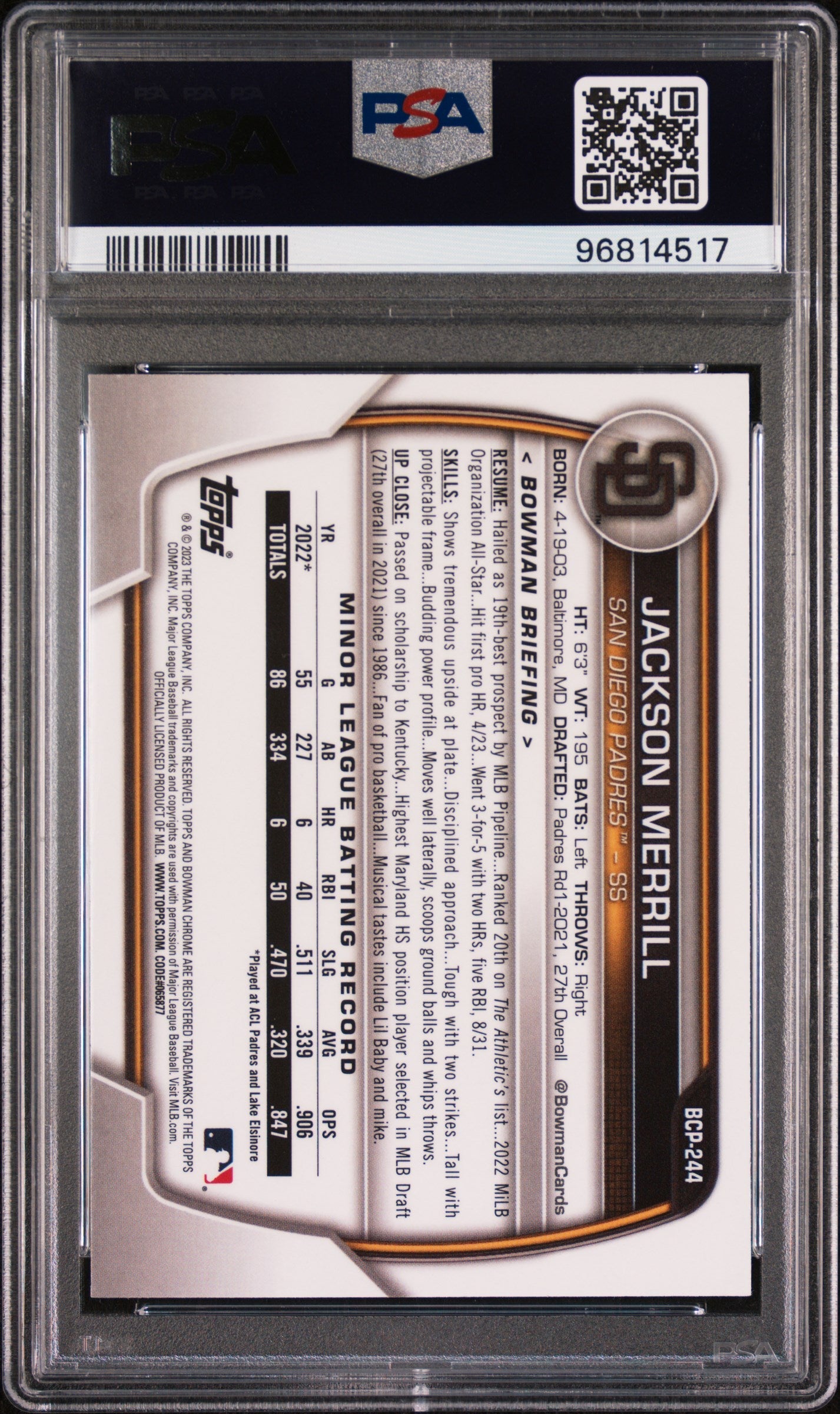 Graded 2023 Topps Bowman Chrome Jackson Merrill #BCP244 Prospects Rookie RC Baseball Card PSA 10 Gem Mint