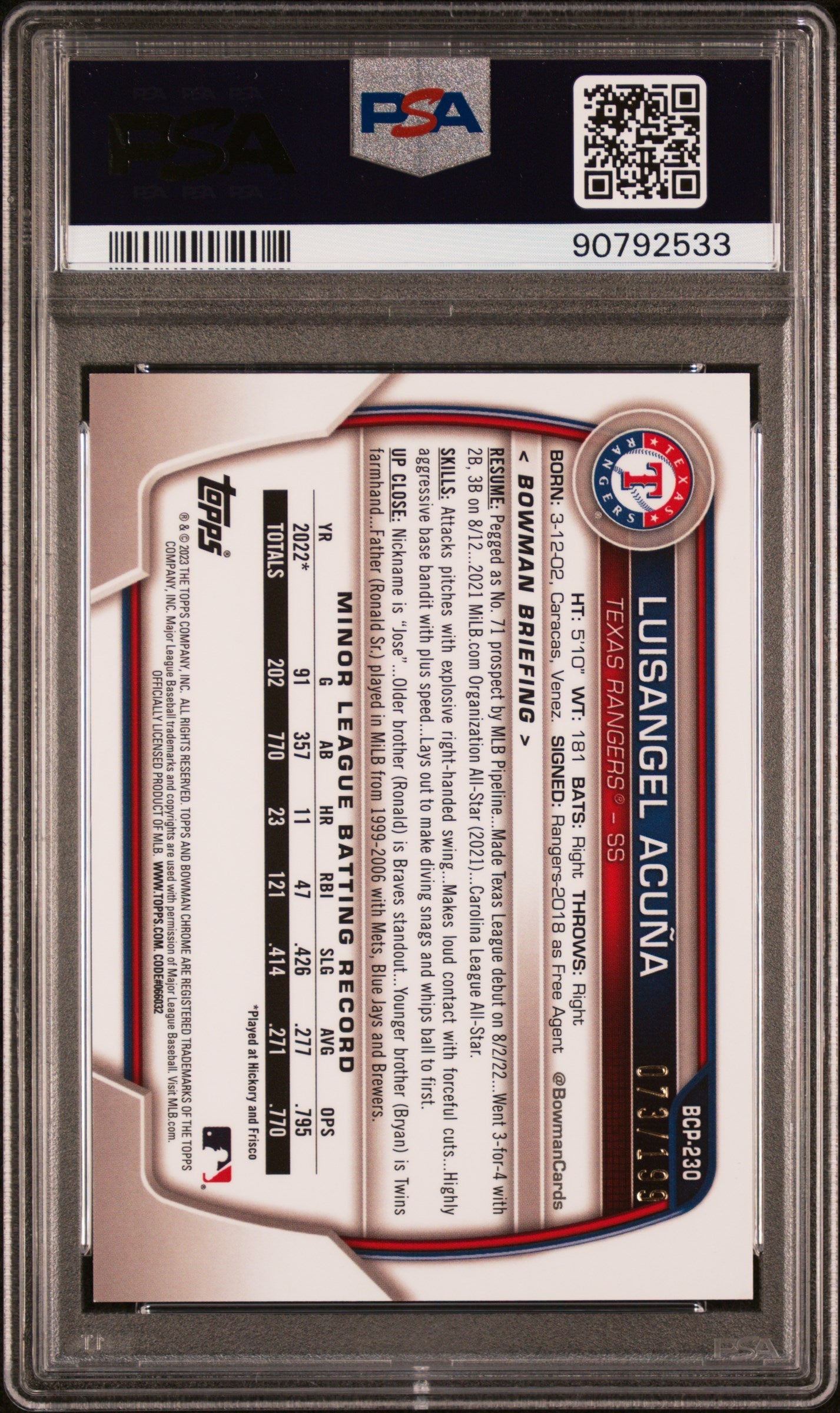 Graded 2023 Topps Bowman Chrome Mega Box Luisangel Acuna #230 Pink #/199 Rookie RC Baseball Card PSA 10 Gem Mint