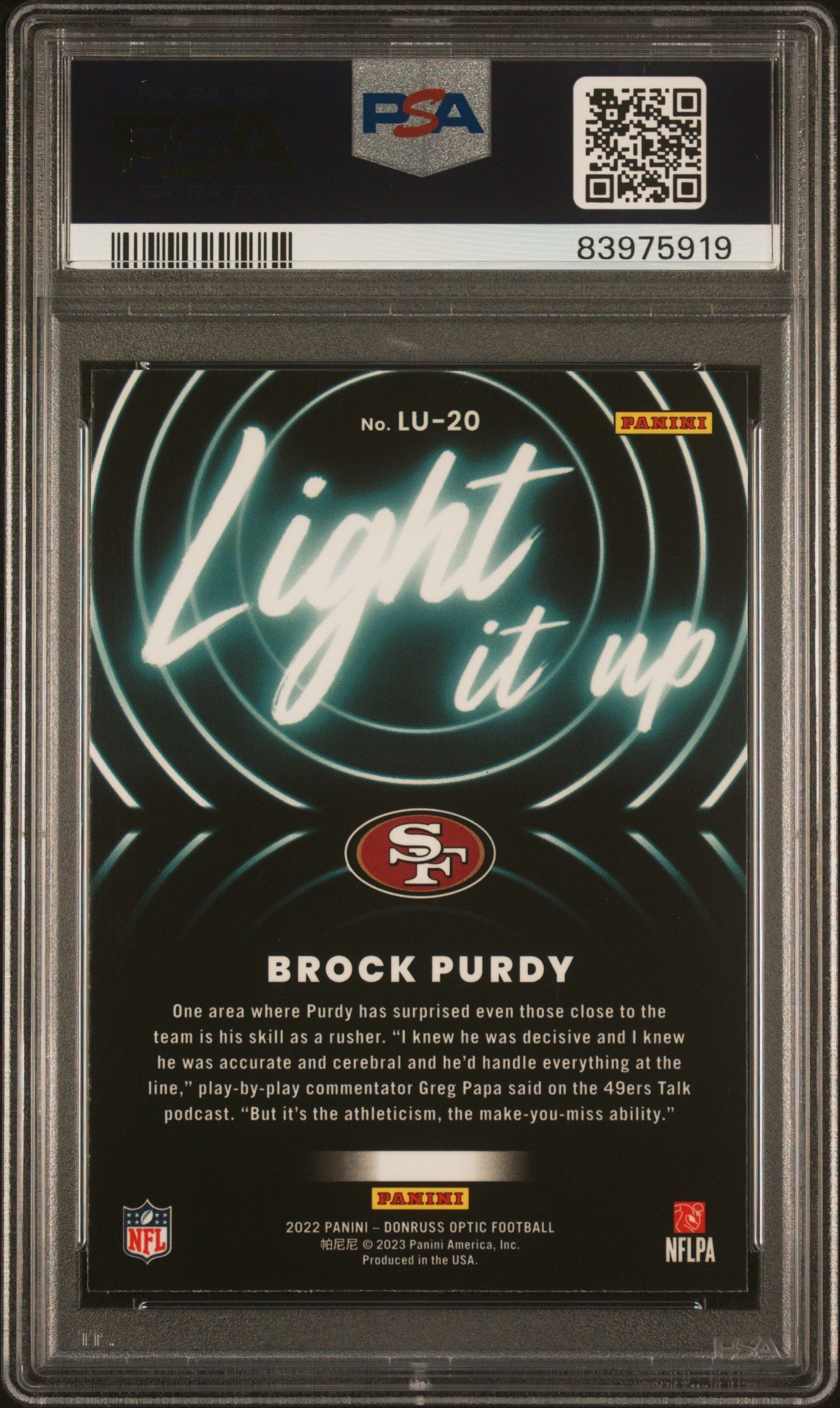Graded 2022 Panini Donruss Optic Brock Purdy #LU20 Light It Up Rookie RC Football Card PSA 10 Gem Mint