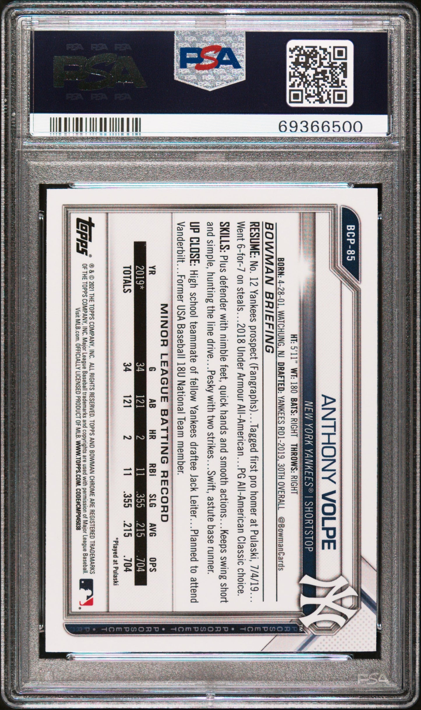 Graded 2021 Topps Bowman Sapphire Edition Anthony Volpe #BCP85 Chrome Prospects Rookie RC Baseball Card PSA 10 Gem Mint
