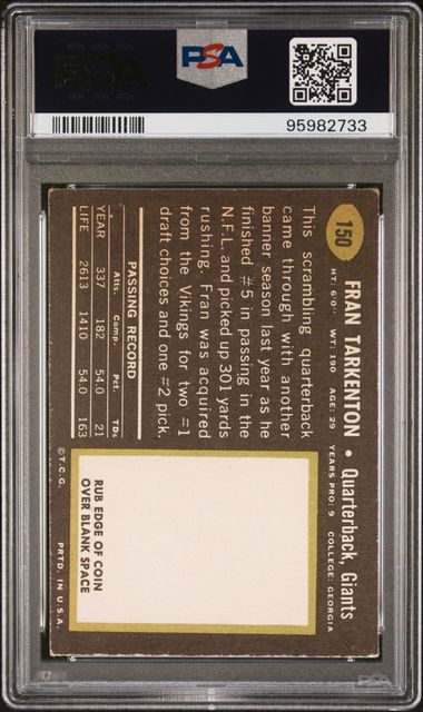 Graded 1969 Topps Fran Tarkenton #150 Football Card PSA 4 VG-EX