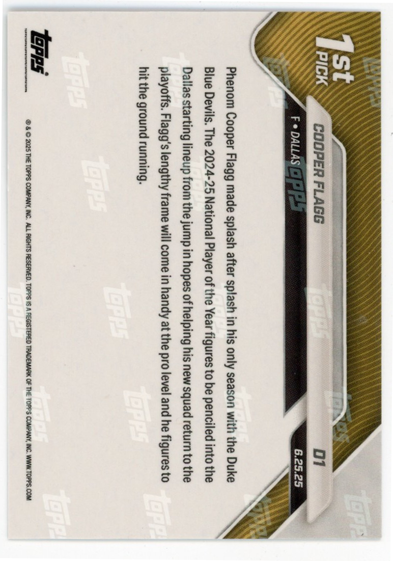 2025 Topps Now Cooper Flagg #D1 Blue Foil /75 Dallas Mavericks Rookie RC Basketball Card