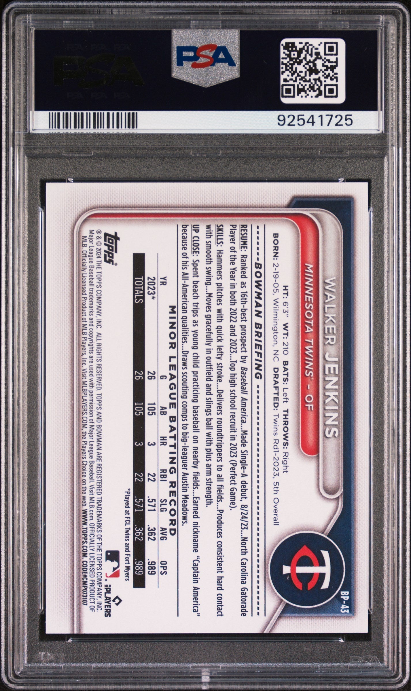 Graded 2024 Topps Bowman Walker Jenkins #BP43 Paper Prospects Rookie RC Baseball Card PSA 10 Gem Mint