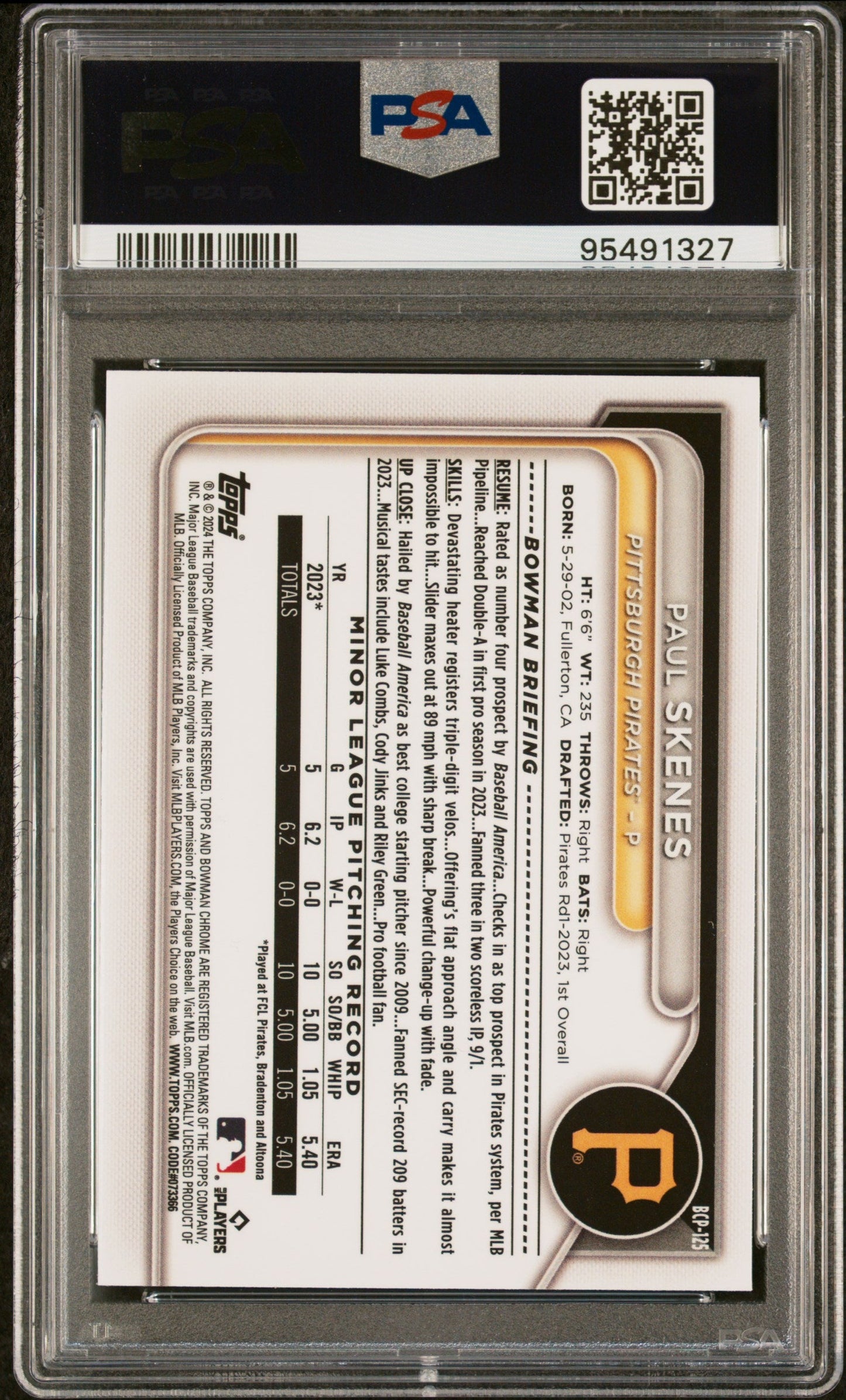 Graded 2024 Topps Bowman Mega Box Paul Skenes #125 Chrome Prospects Rookie RC Baseball Card PSA 10 Gem Mint