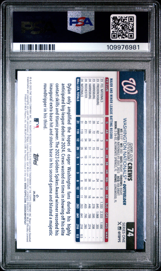 Graded 2025 Topps Dylan Crews #74 Rookie RC Baseball Card PSA 10 Gem Mint