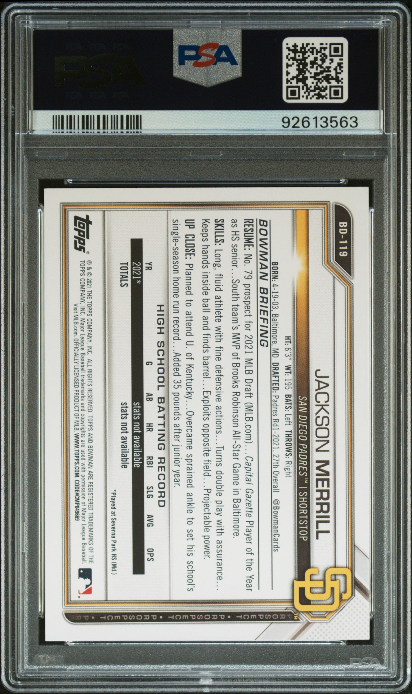 Graded 2021 Topps Bowman Draft Jackson Merrill #BD119 Rookie RC Baseball Card PSA 10 Gem Mint