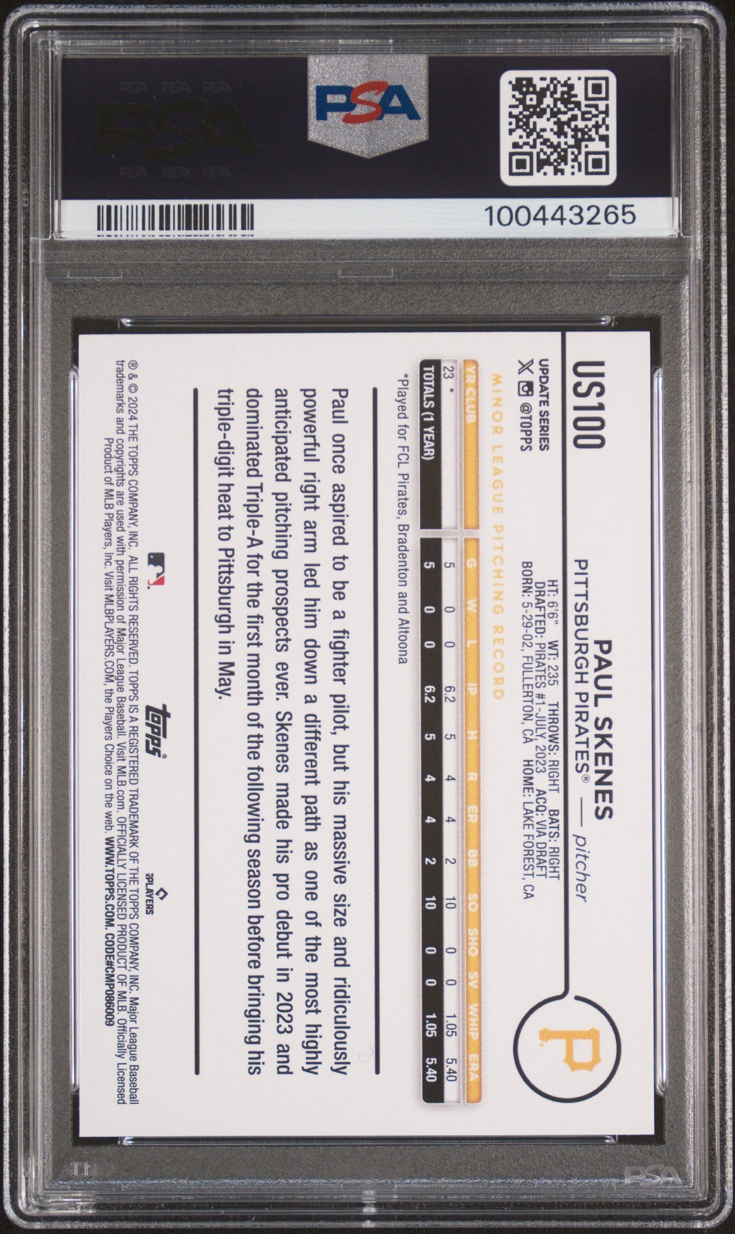 Graded 2024 Topps Update Paul Skenes #US100 Rookie RC Baseball Card PSA 10 Gem Mint