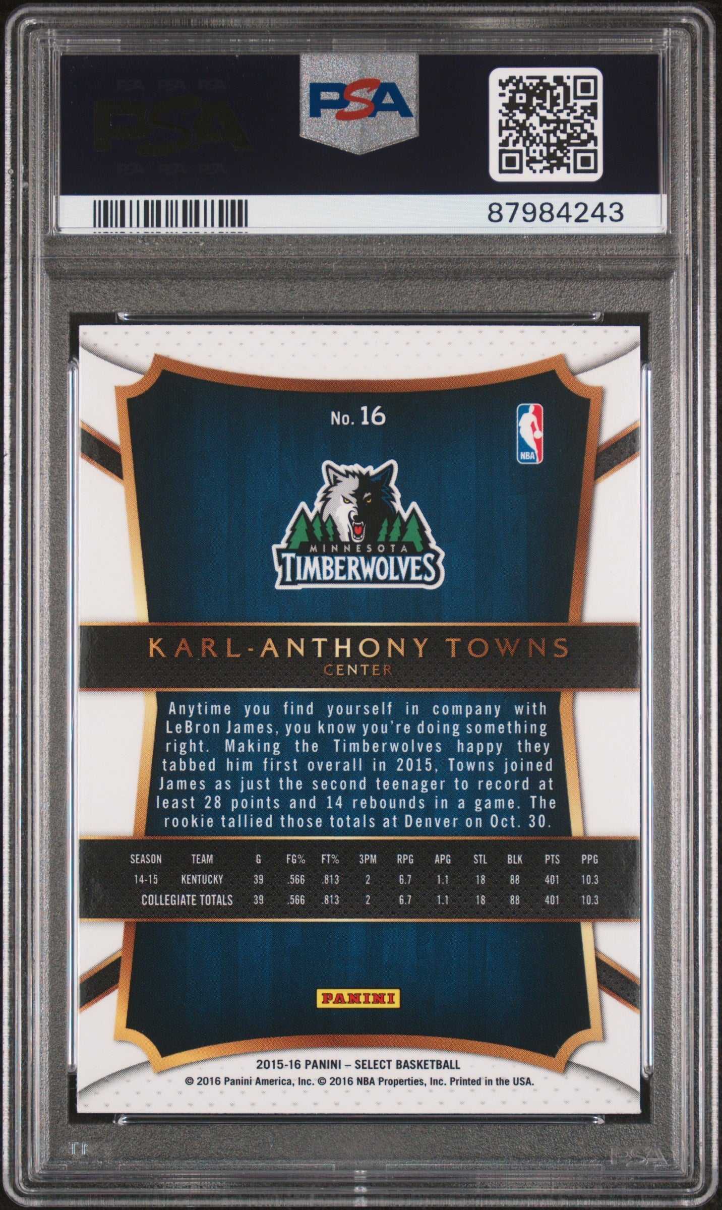 Graded 2015 Panini Select Karl-Anthony Towns #16 Rookie RC Basketball Card PSA 10 Gem Mint