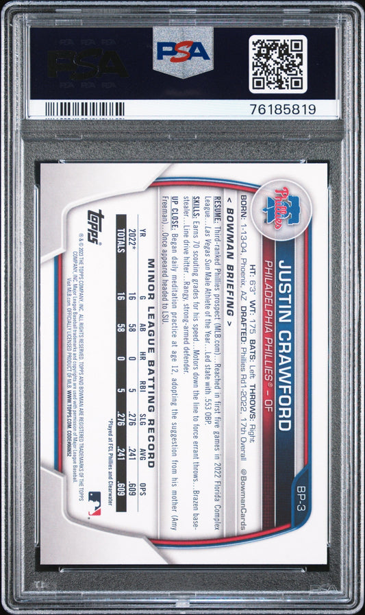 Graded 2023 Topps Bowman Justin Crawford #BP3 Paper Prospects Rookie RC Baseball Card PSA 10 Gem Mint