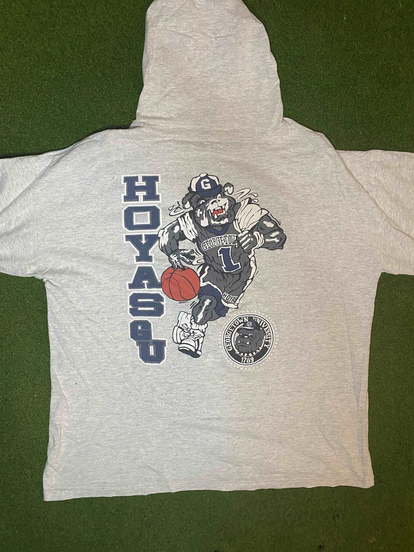 90s Georgetown Hoyas - Double Sided - Vintage College Basketball Hoodie T-Shirt (2XL) - Gametime Vintage