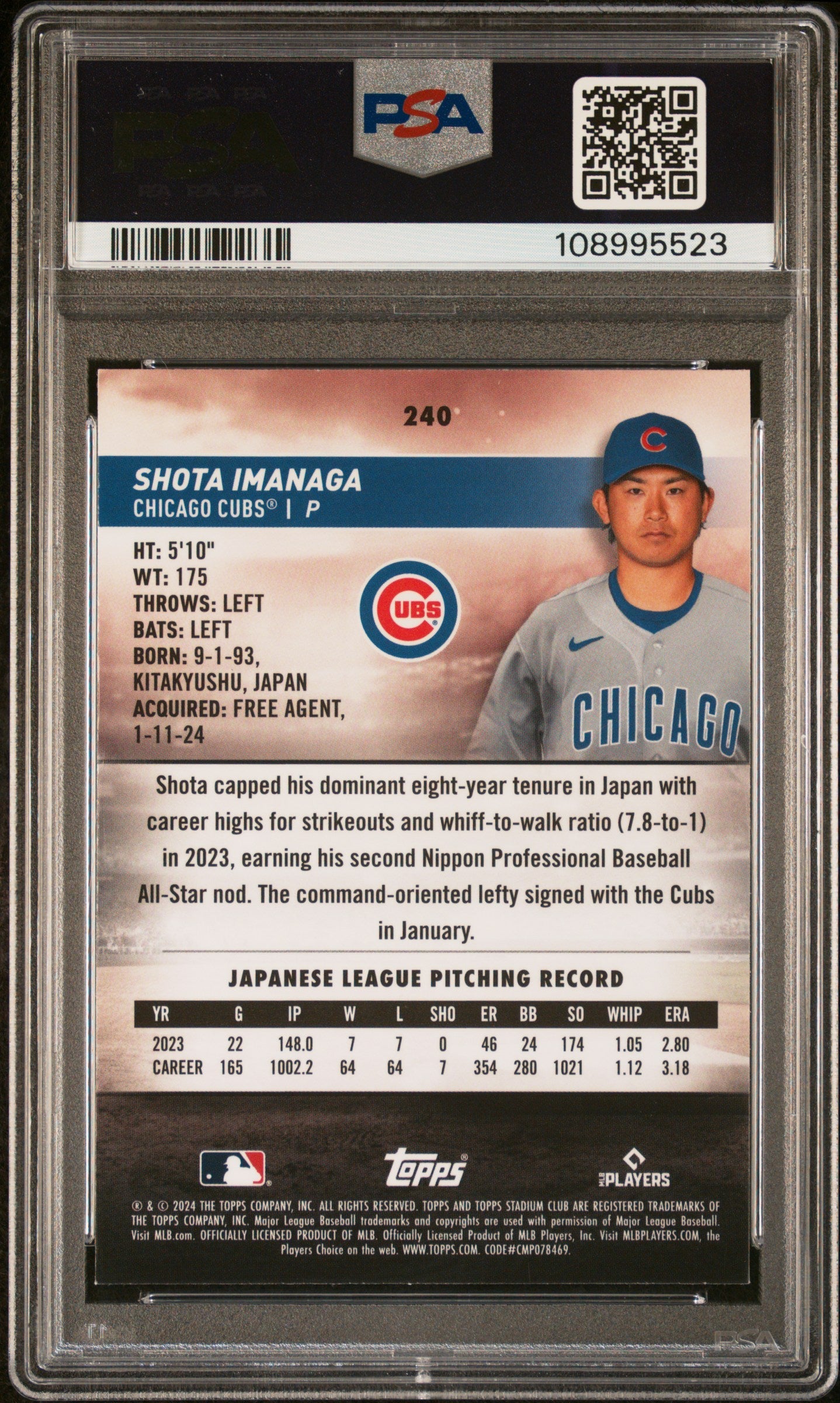 Graded 2024 Topps Stadium Club Shota Imanaga #240 Chrome Rookie RC Baseball Card PSA 10 Gem Mint