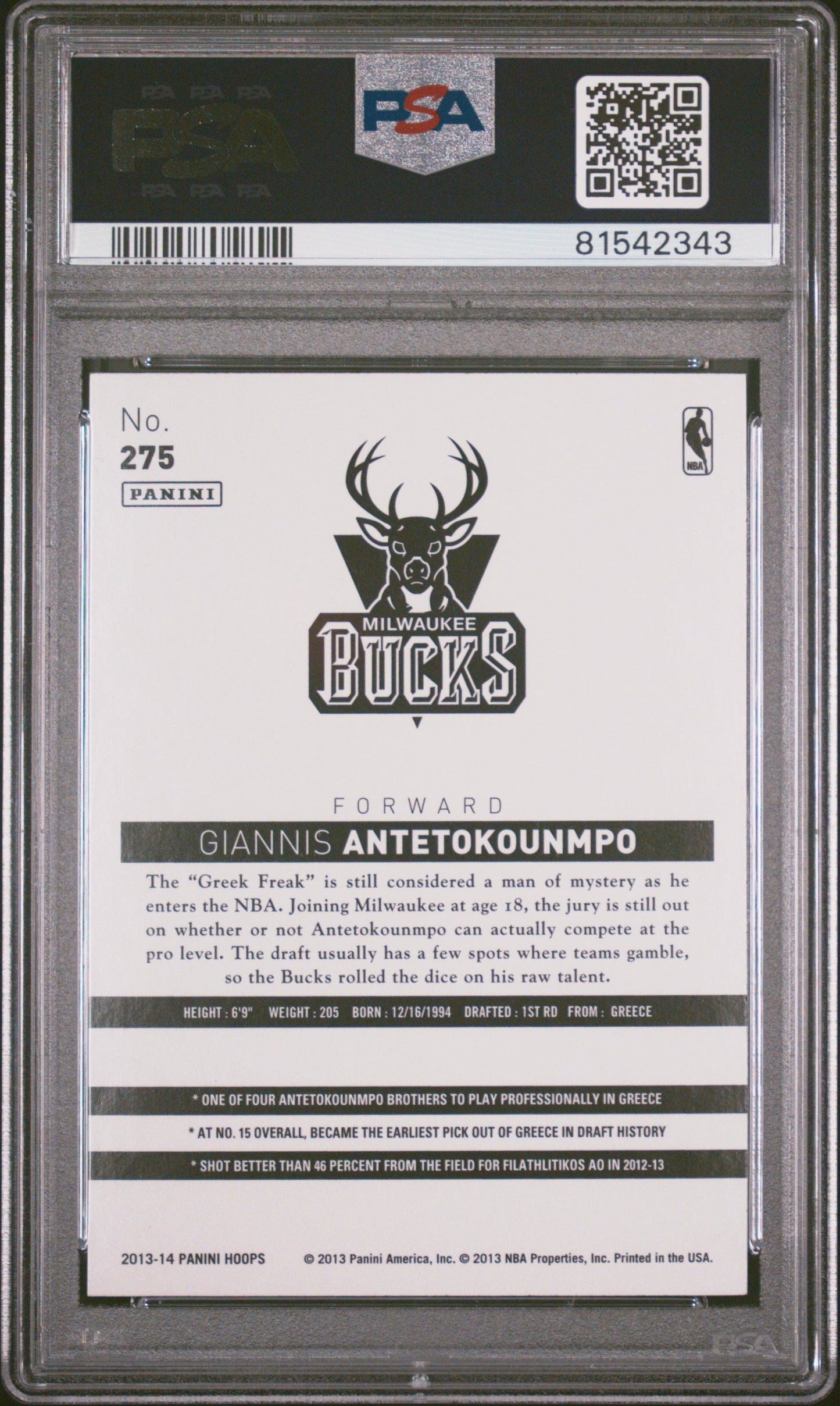 Graded 2013 Panini Hoops Giannis Antetokounmpo #275 Rookie RC Basketball Card PSA 9 Mint