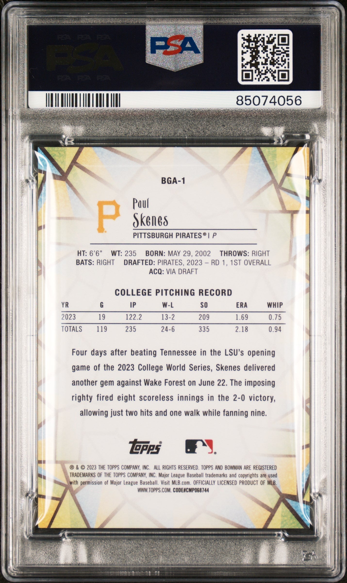 Graded 2023 Topps Bowman Draft Paul Skenes #BGA1 Glass Rookie RC Baseball Card PSA 10 Gem Mint