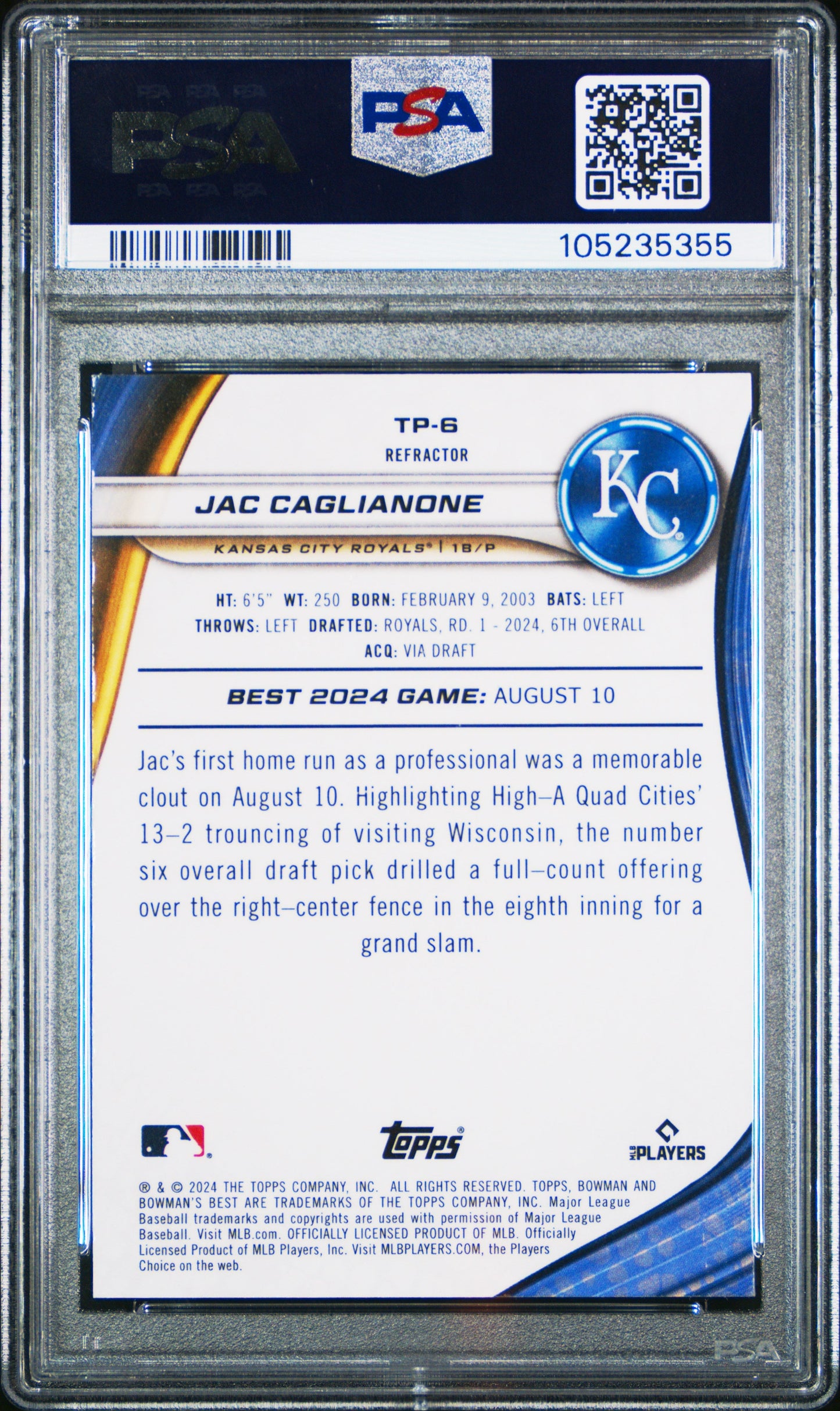 Graded 2024 Topps Bowmans Best Jac Caglianone #TP6 Top Prospects Refractor Rookie RC Baseball Card PSA 10 Gem Mint