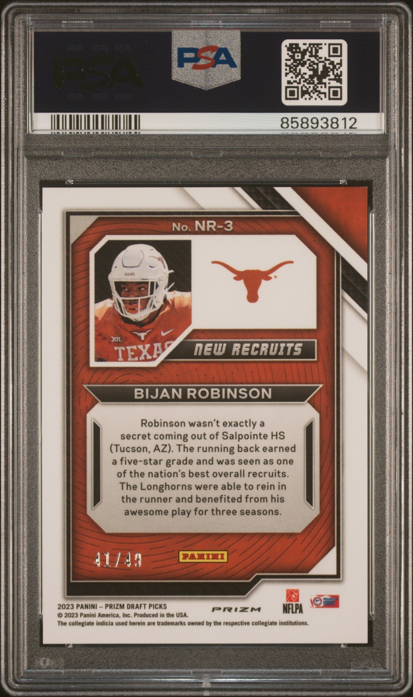 Graded 2023 Panini Prizm Draft Picks Bijan Robinson #NR3 New Recruits Red Flash Rookie RC Football Card PSA 10 Gem Mint