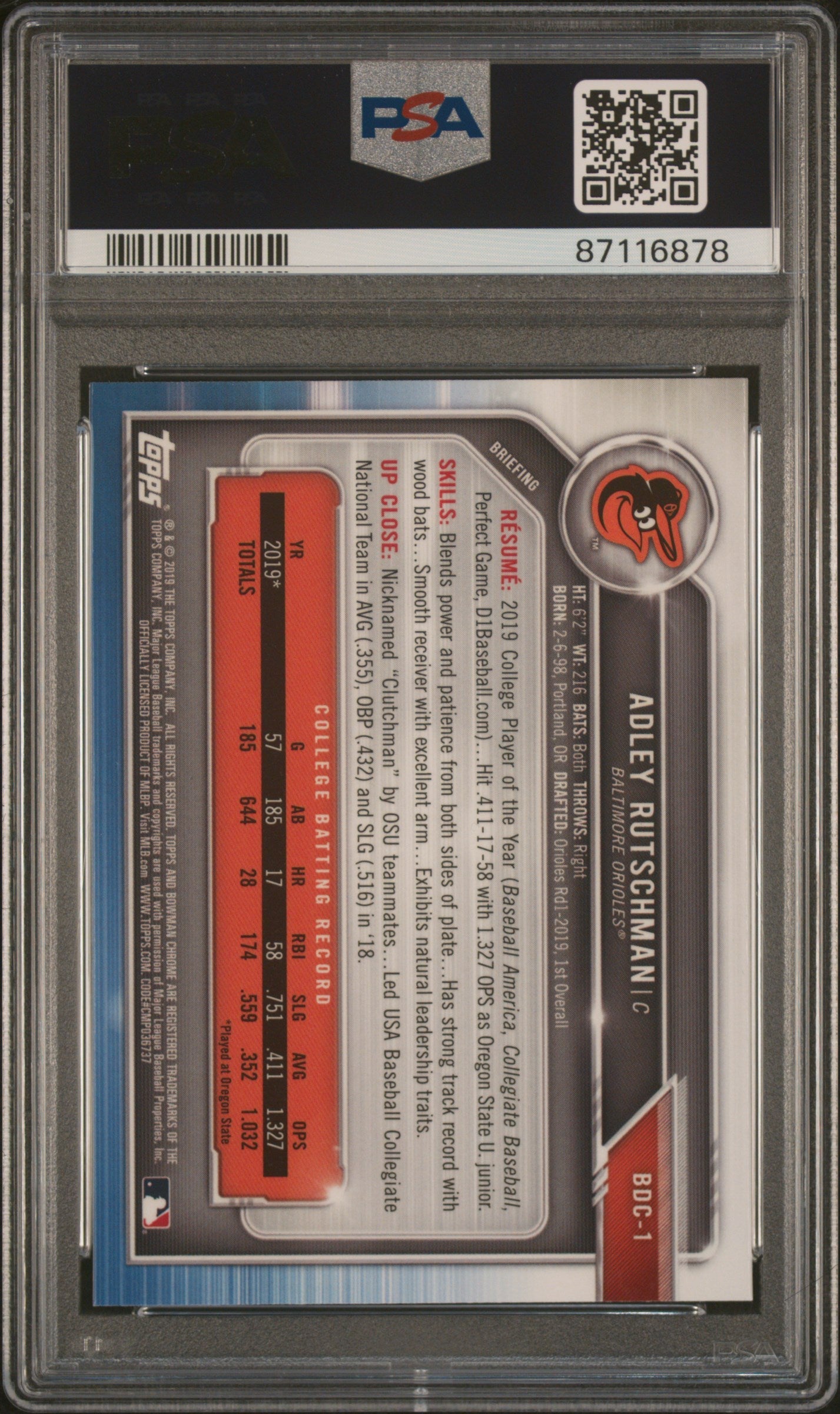 Graded 2019 Topps Bowman Draft Adley Rutschman #BDC1 Chrome Batting Rookie RC Baseball Card PSA 10 Gem Mint