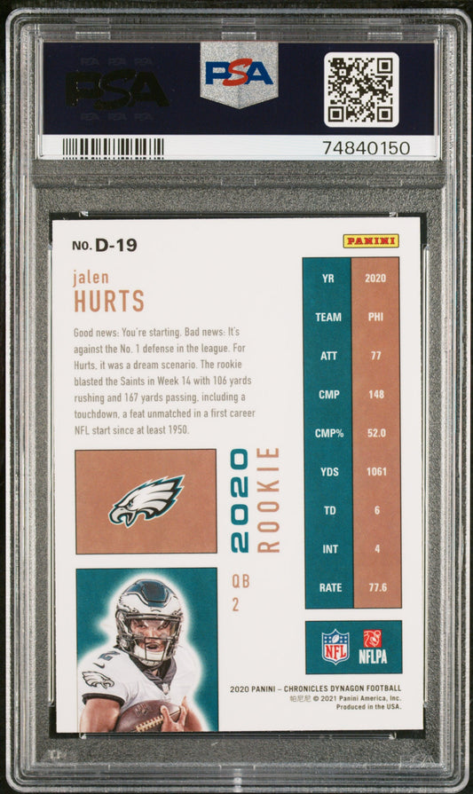 Graded 2020 Panini Chronicles Jalen Hurts #D19 Dynagon Rookies Rookie RC Football Card PSA 10 Gem Mint