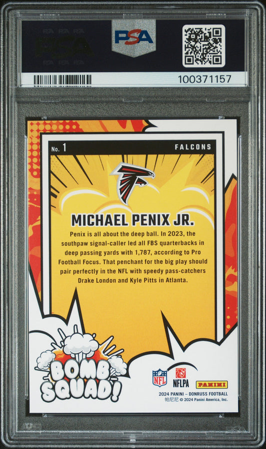 Graded 2024 Panini Donruss Michael Penix Jr #1 Bomb Squad Rookie RC Football Card PSA 10 Gem Mint