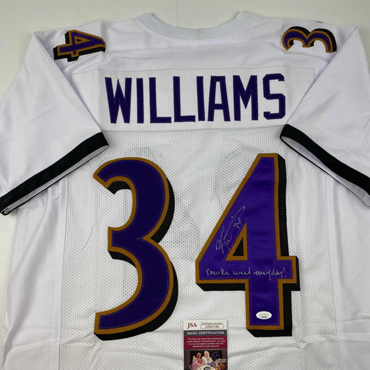 Autographed/Signed Ricky Williams Smoke Weed Everyday Inscribed Baltimore White Football Jersey JSA COA