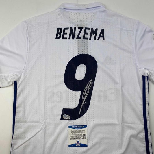 Autographed/Signed Karim Benzema Real Madrid 2016-17 White Soccer Jersey Beckett BAS COA