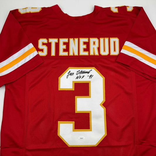 Autographed/Signed Jan Stenerud HOF 91 Kansas City Red Football Jersey JSA COA