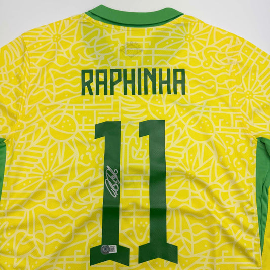 Autographed/Signed Raphinha Raphael Belloli Brazil Yellow Soccer Jersey Beckett BAS COA