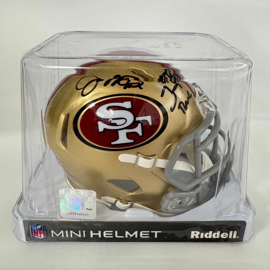 Autographed/Signed Joe Montana & Jerry Rice Dual San Francisco 49ers Football Mini Helmet Fanatics COA