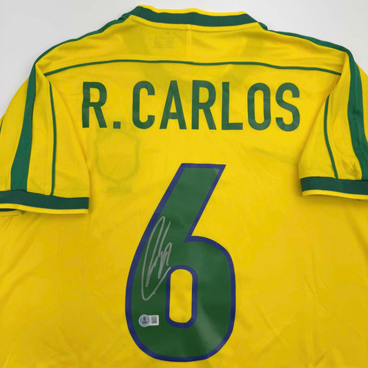 Autographed/Signed Roberto Carlos Brazil Yellow Soccer Jersey Beckett BAS COA