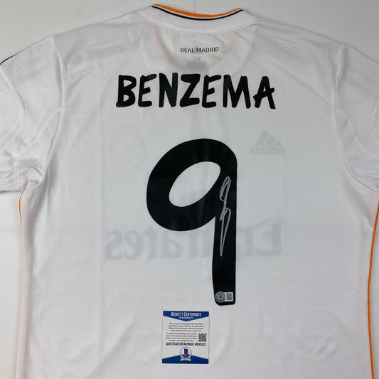 Autographed/Signed Karim Benzema Real Madrid White Soccer Jersey Beckett BAS COA