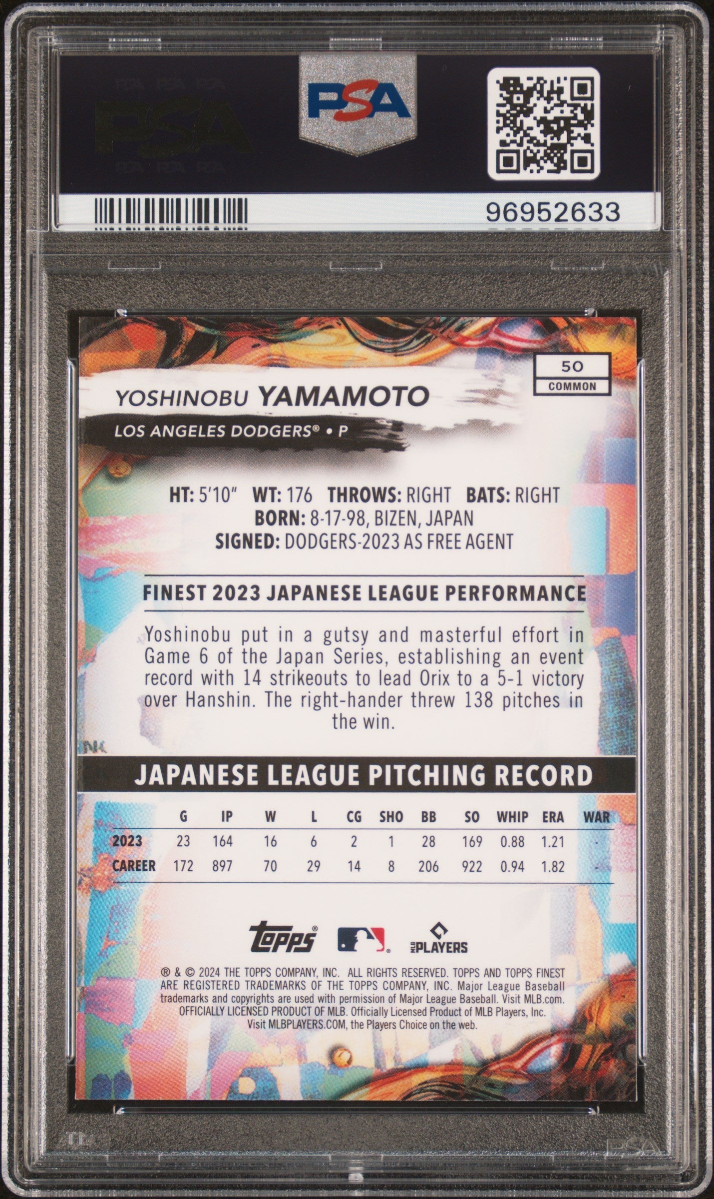 Graded 2024 Topps Finest Yoshinobu Yamamoto #50 Checkerboard Refractor Rookie RC Baseball Card PSA 10 Gem Mint