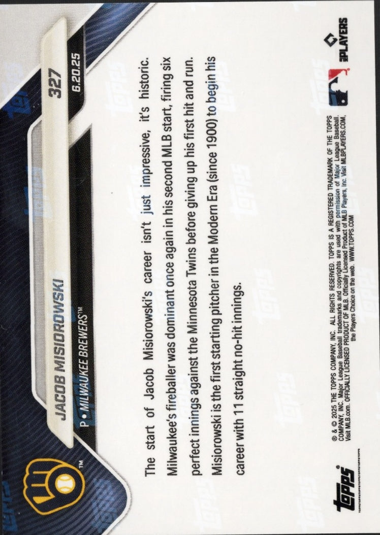 2025 Topps Now Jacob Misiorowski #327 Gold Foil /50 Milwaukee Brewers Rookie RC Baseball Card