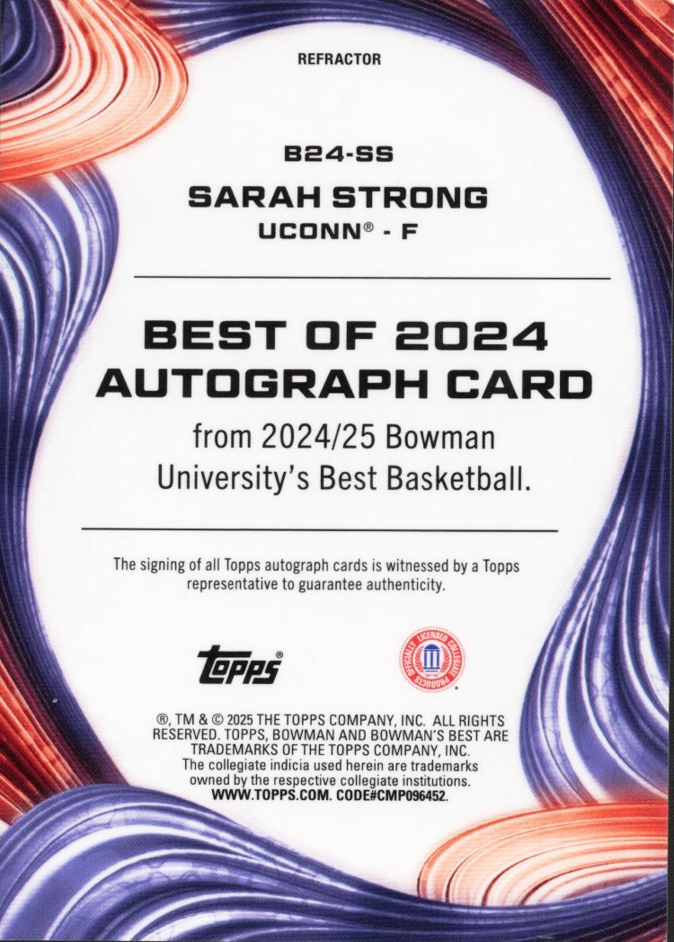 2024 Topps Bowman University's Best Sarah Strong #B24SS Refractor Auto Rookie RC Basketball Card
